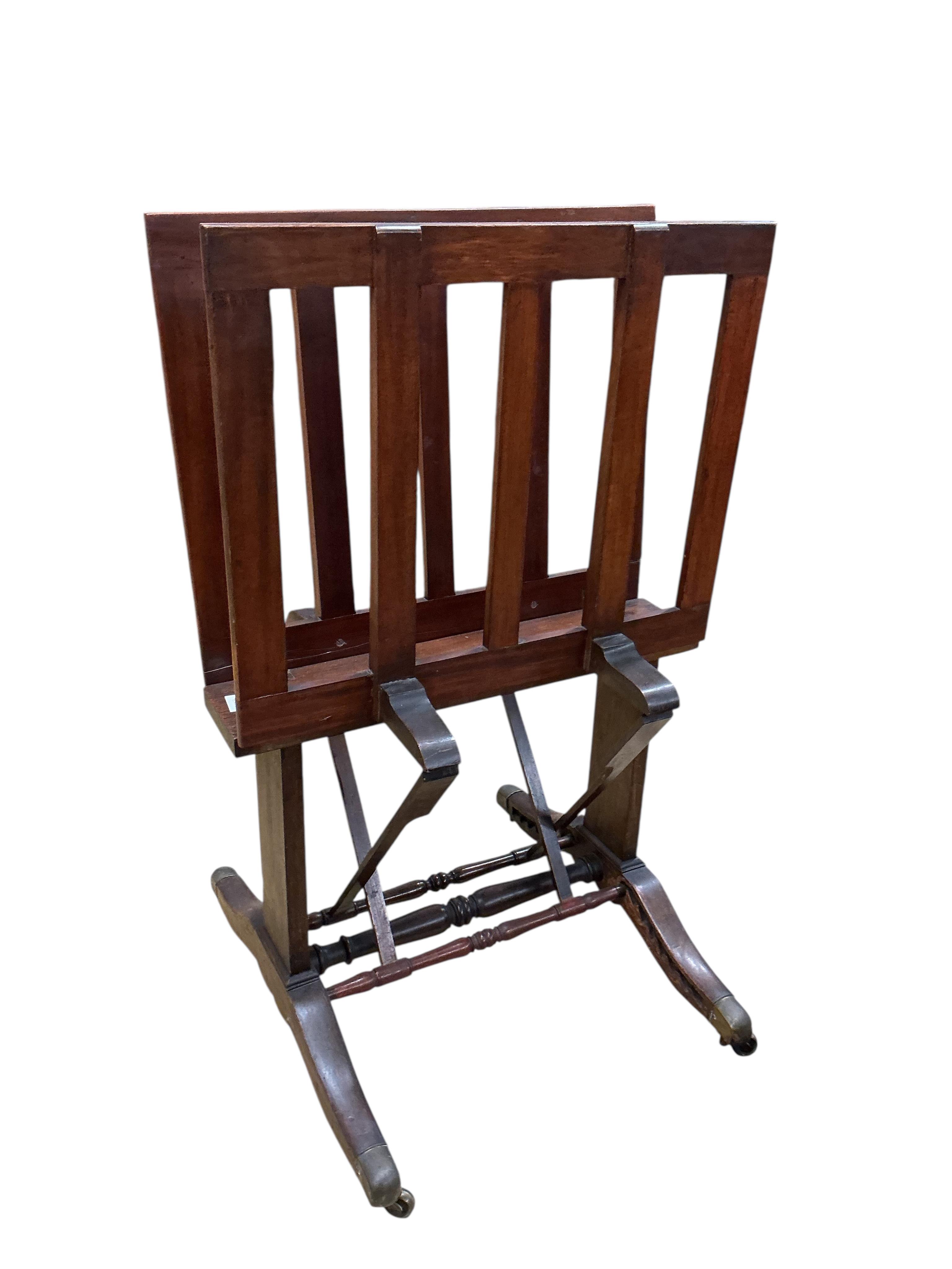 A Victorian mahogany folio stand, with adjustable sides united by turned stretchers, width 66cm, height 106cm